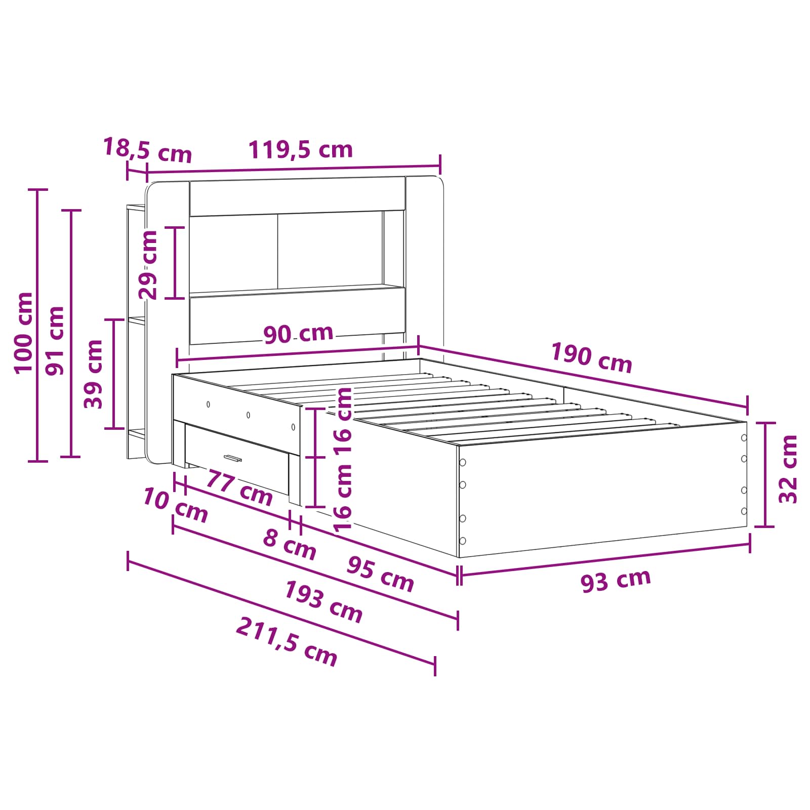 Okvir kreveta s pohranom s uzglavljem Siva Sonoma 90 x 190 cm
