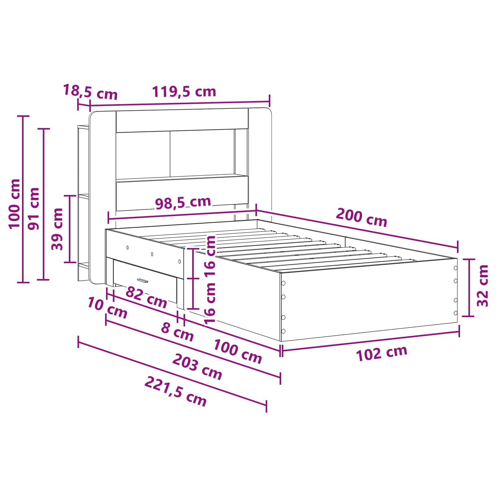 Okvir kreveta s pohranom s uzglavljem Staro drvo 100 x 200 cm
