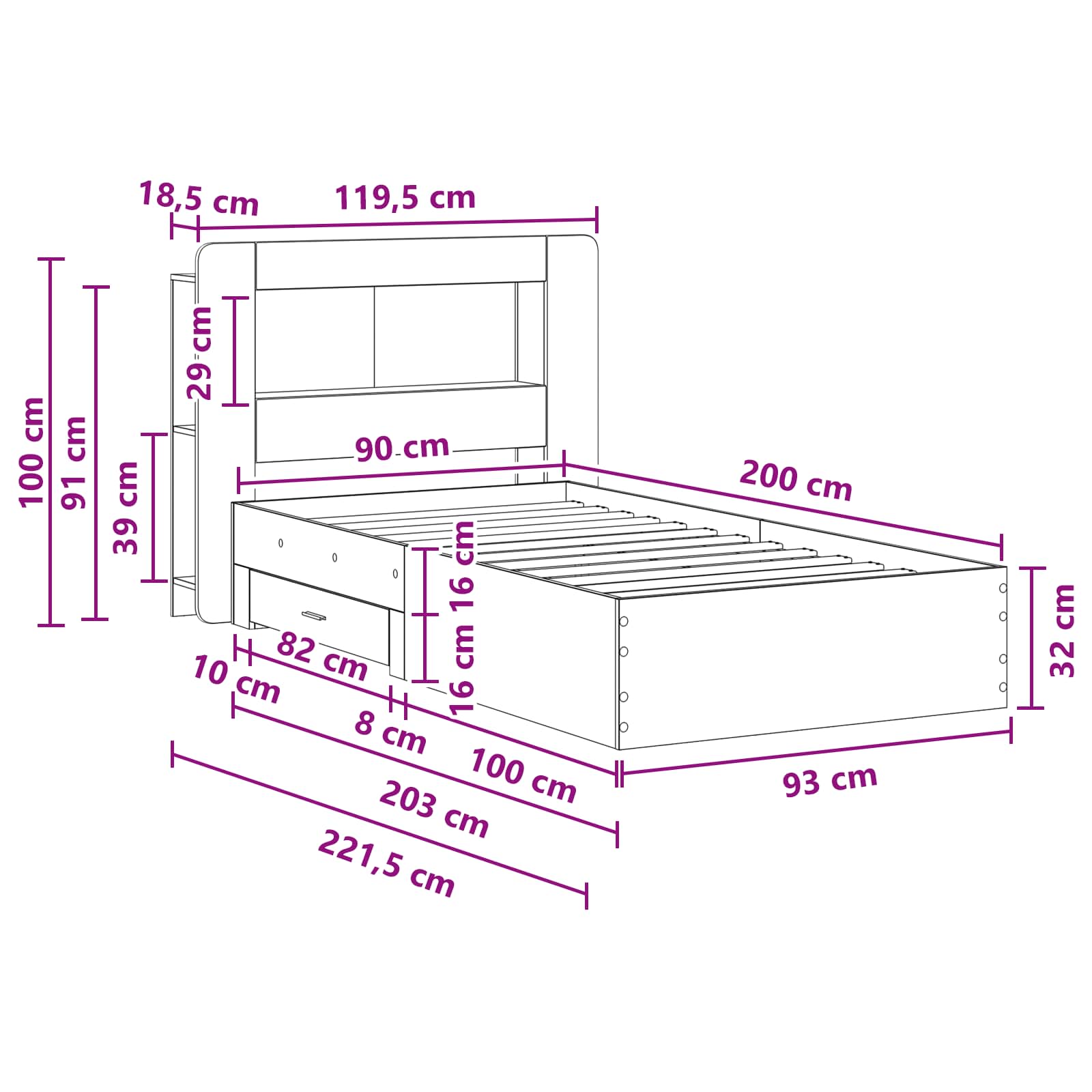 Okvir kreveta s pohranom s uzglavljem Siva Sonoma 90 x 200 cm