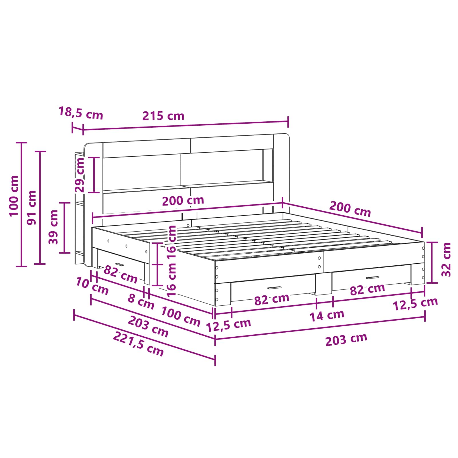Okvir kreveta s pohranom Betonska siva 200 x 200 cm