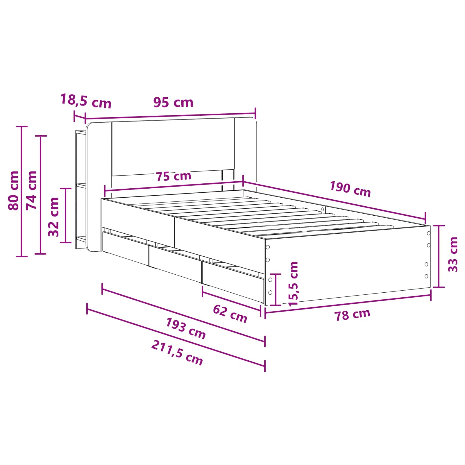 Okvir kreveta s pohranom s uzglavljem Betonska siva 75 x 190 cm