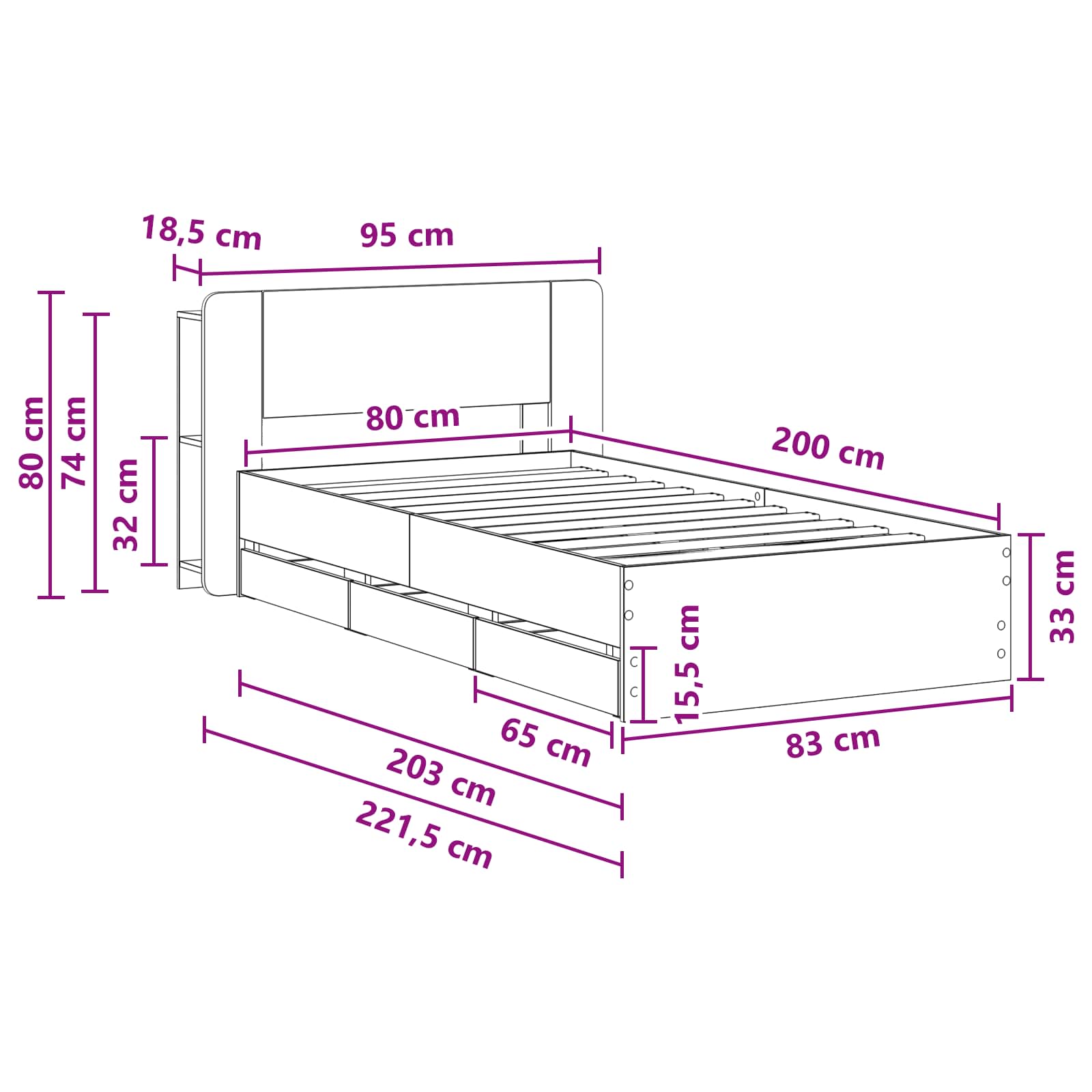 Okvir kreveta s pohranom s uzglavljem Siva Sonoma 80 x 200 cm