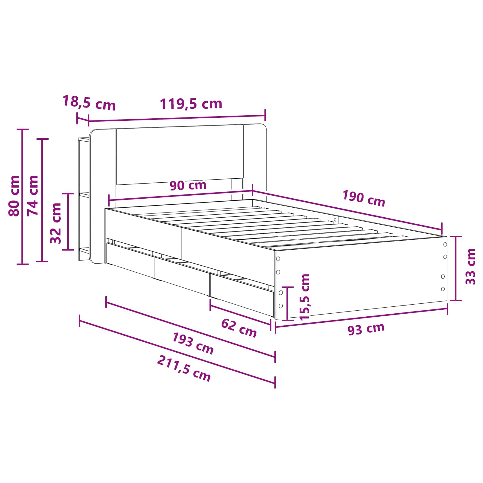 Okvir kreveta s pohranom s uzglavljem Siva Sonoma 90 x 190 cm