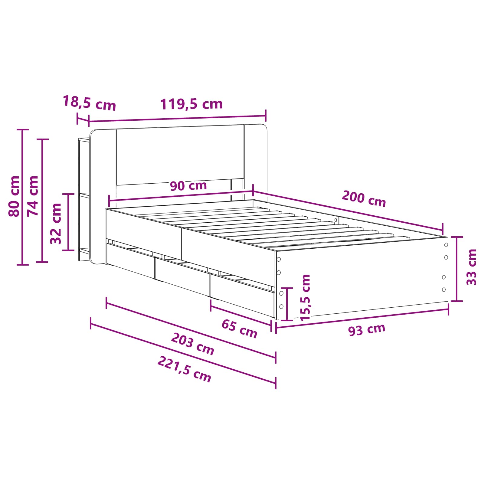 Okvir kreveta s pohranom s uzglavljem Siva Sonoma 90 x 200 cm
