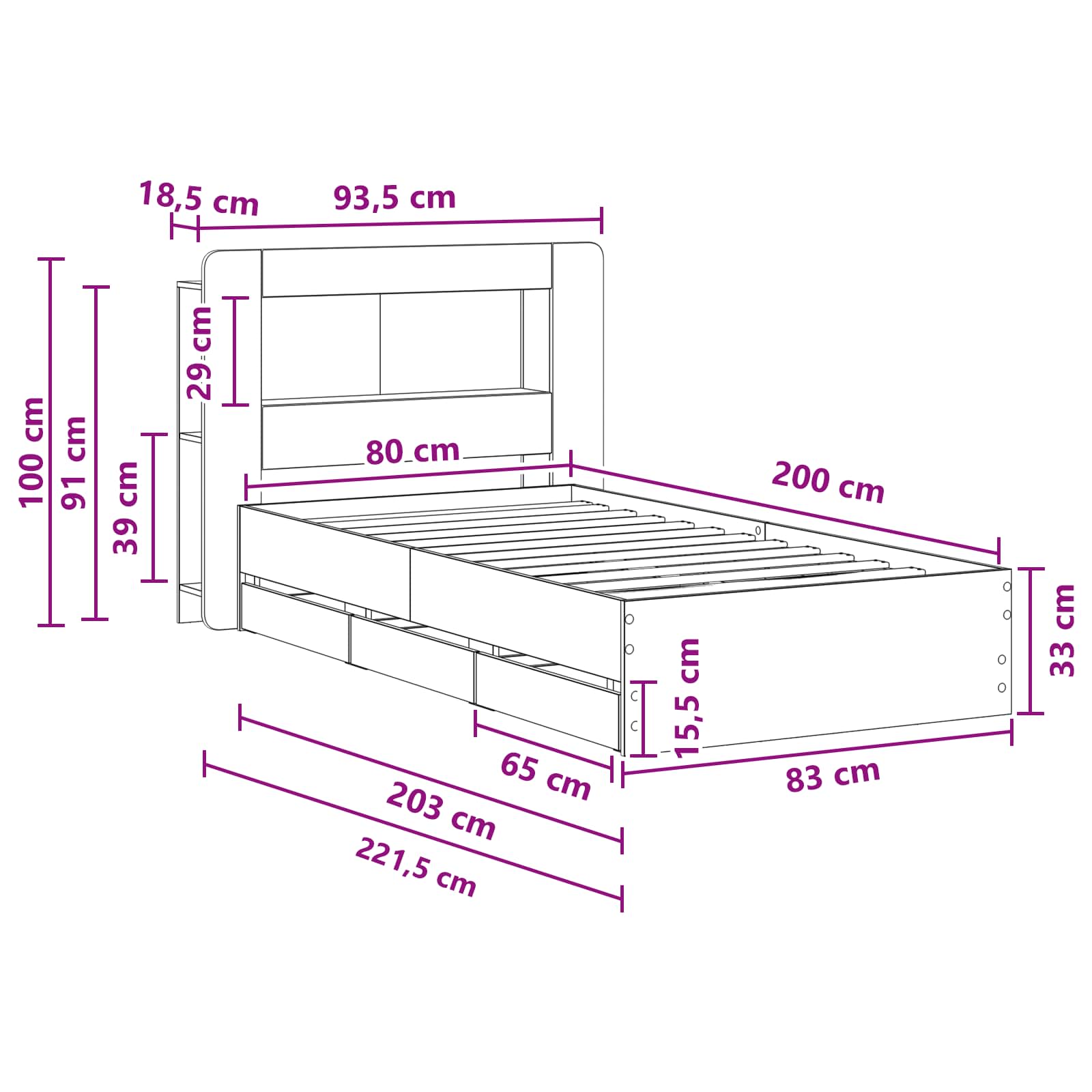 Okvir kreveta s pohranom s uzglavljem Betonska siva 80 x 200 cm