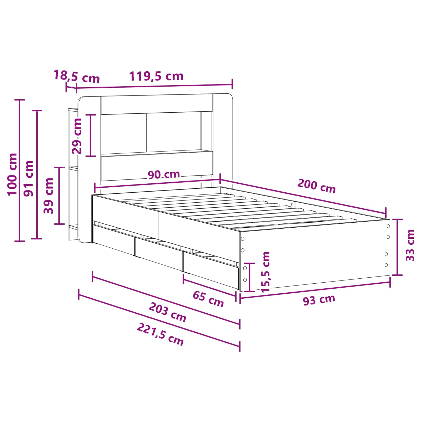 Okvir kreveta s pohranom s uzglavljem Siva Sonoma 90 x 200 cm