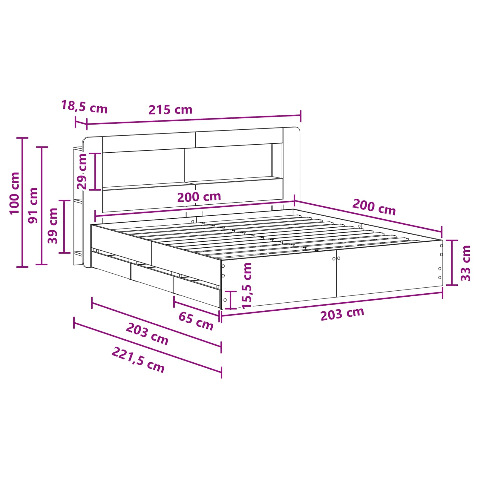 Okvir kreveta s pohranom s uzglavljem Siva Sonoma 200 x 200 cm