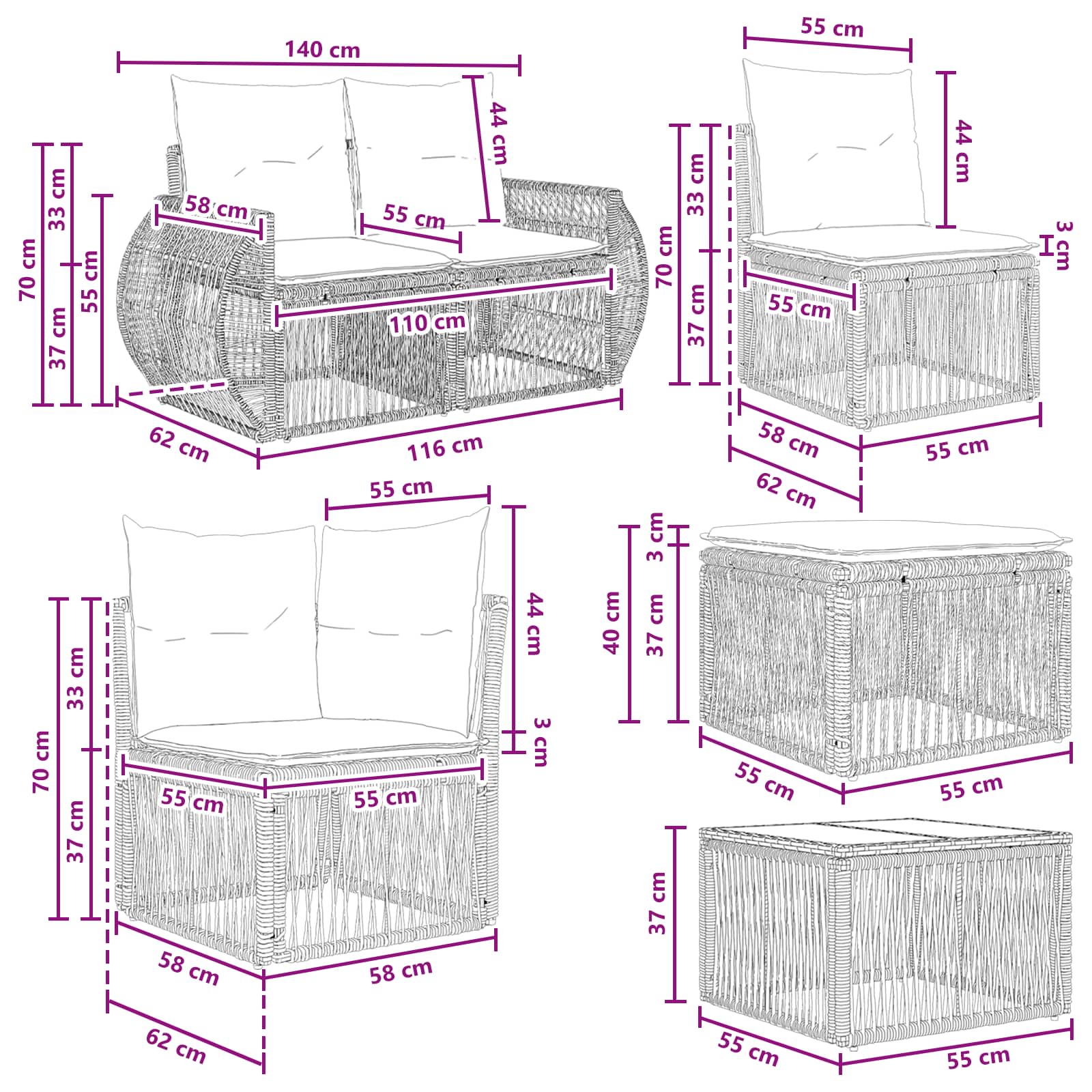 Sjedeća garnitura za vrt 8 pcs Crna i krem-bijela poliratan