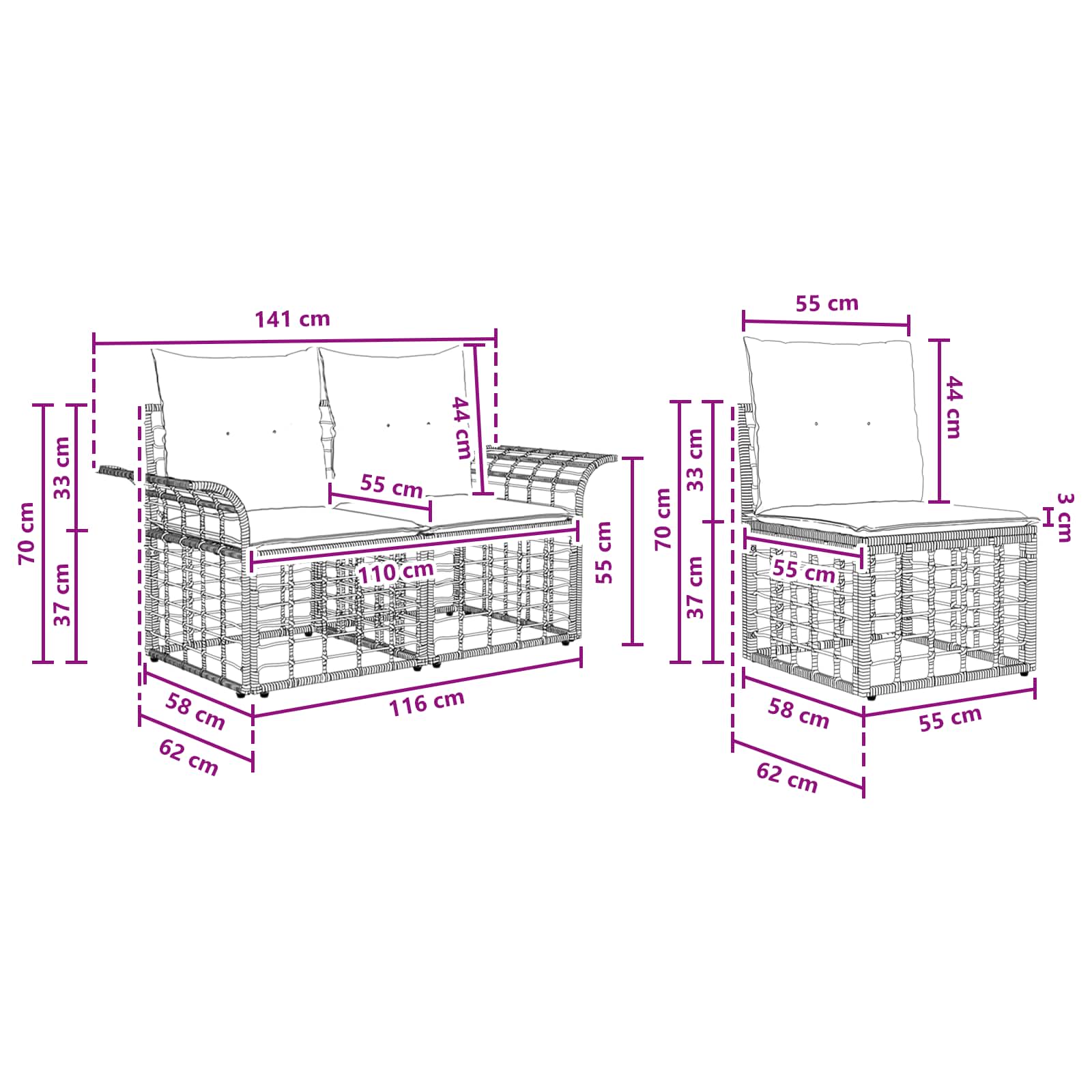 Set vanjskih sofa 3 pcs Crna i tamno siva Poliester