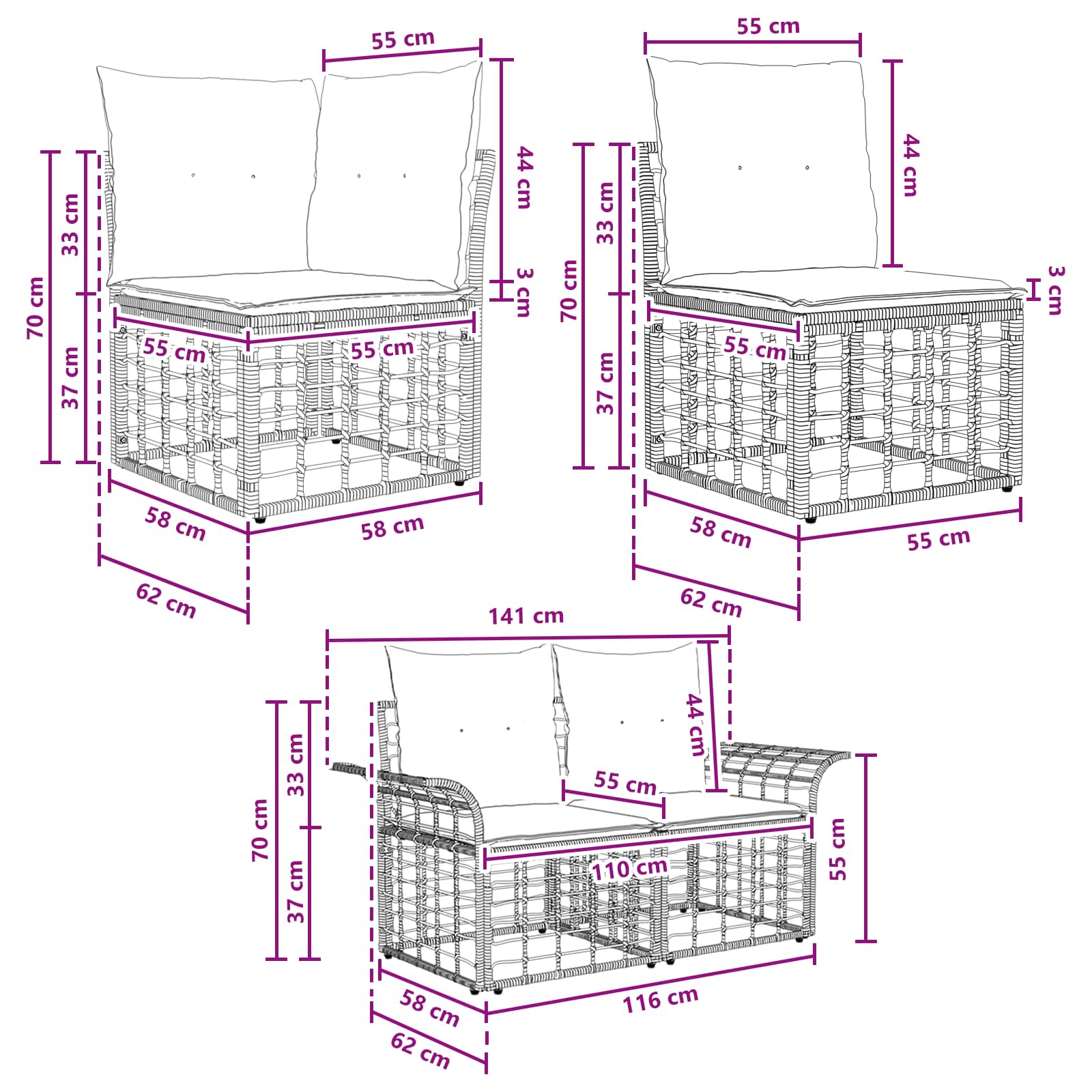 Set vanjskih sofa 9 pcs Crna i tamno siva Poliester
