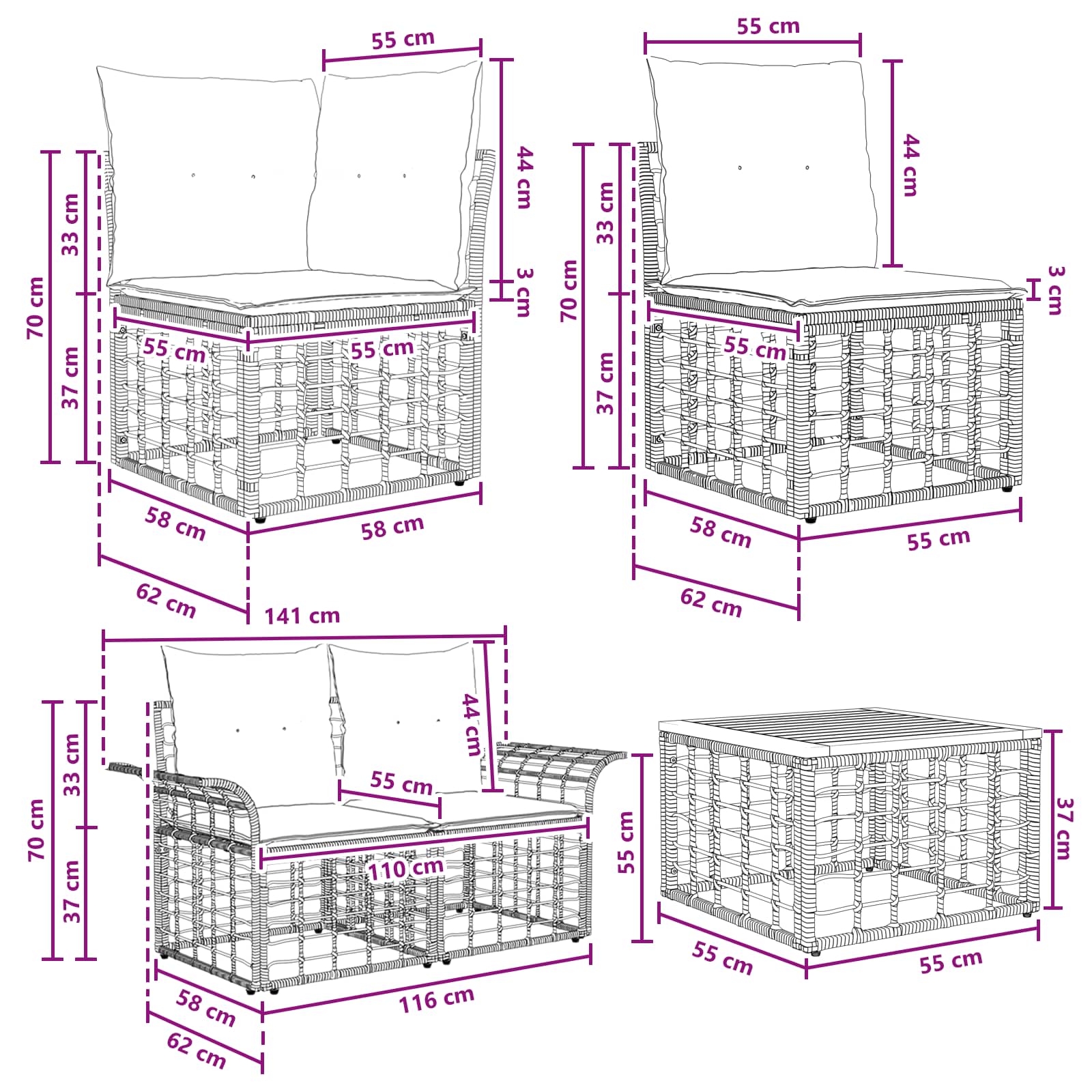 Set vanjskih sofa 14 pcs Crna i tamno siva Poliester