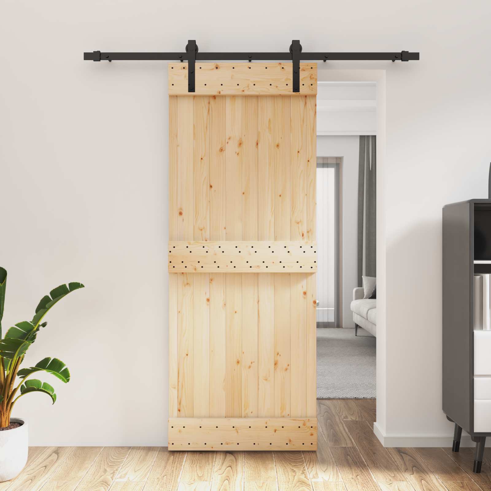Klizna vrata Prirodna i crna 80 x 210 cm Čvrsta borovina