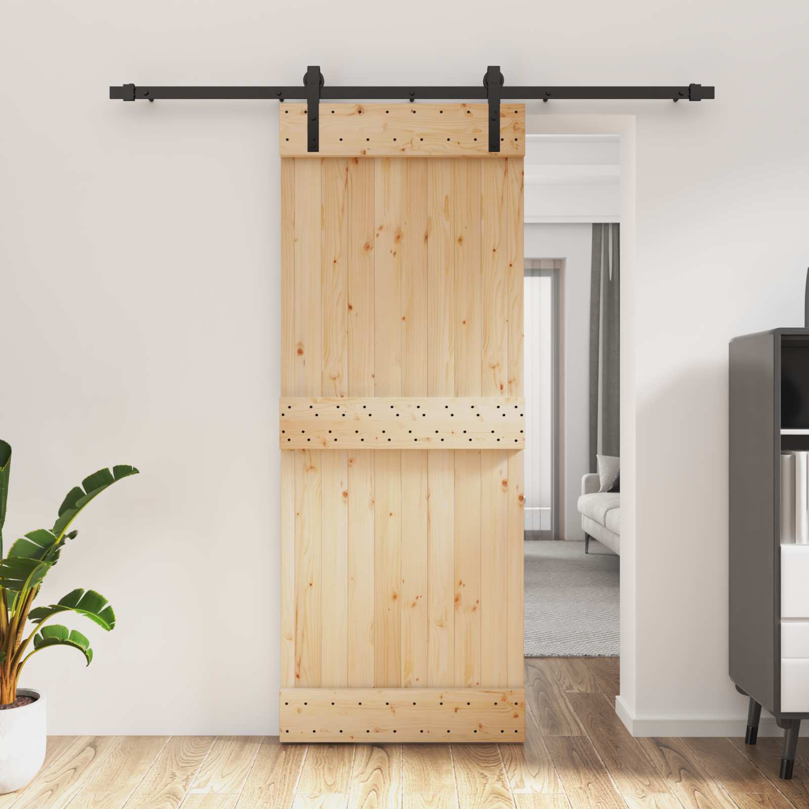 Klizna vrata Prirodna i crna 80 x 210 cm Čvrsta borovina