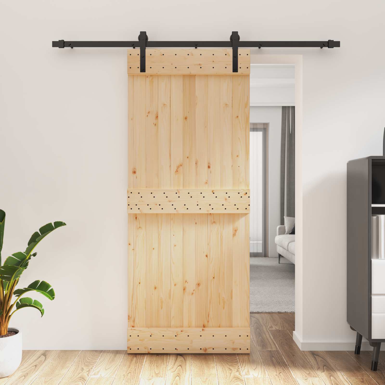 Klizna vrata Prirodna i crna 85 x 210 cm Čvrsta borovina