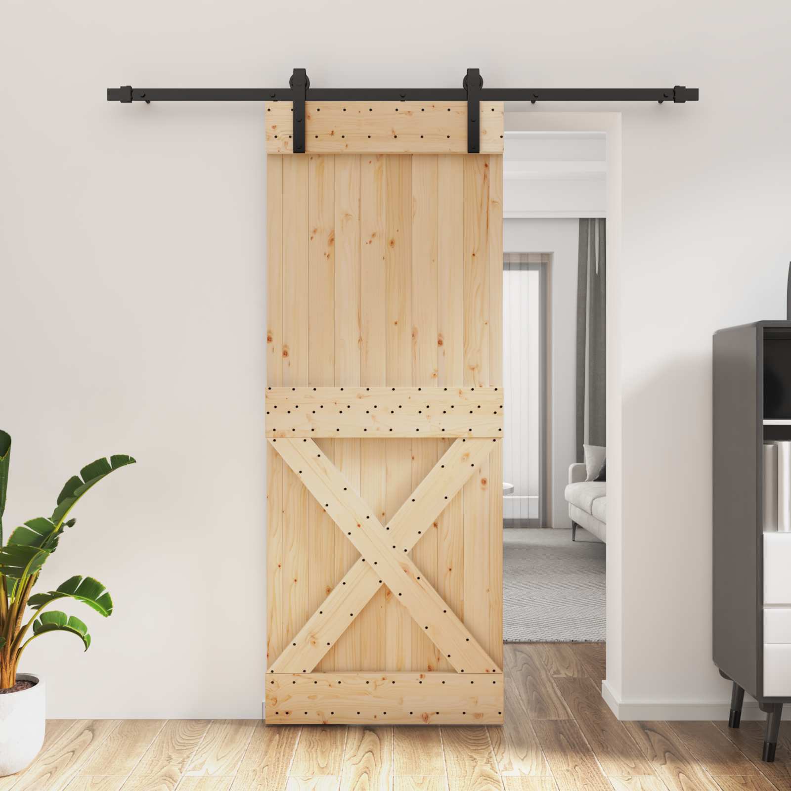 Klizna vrata Prirodna i crna 80 x 210 cm Čvrsta borovina