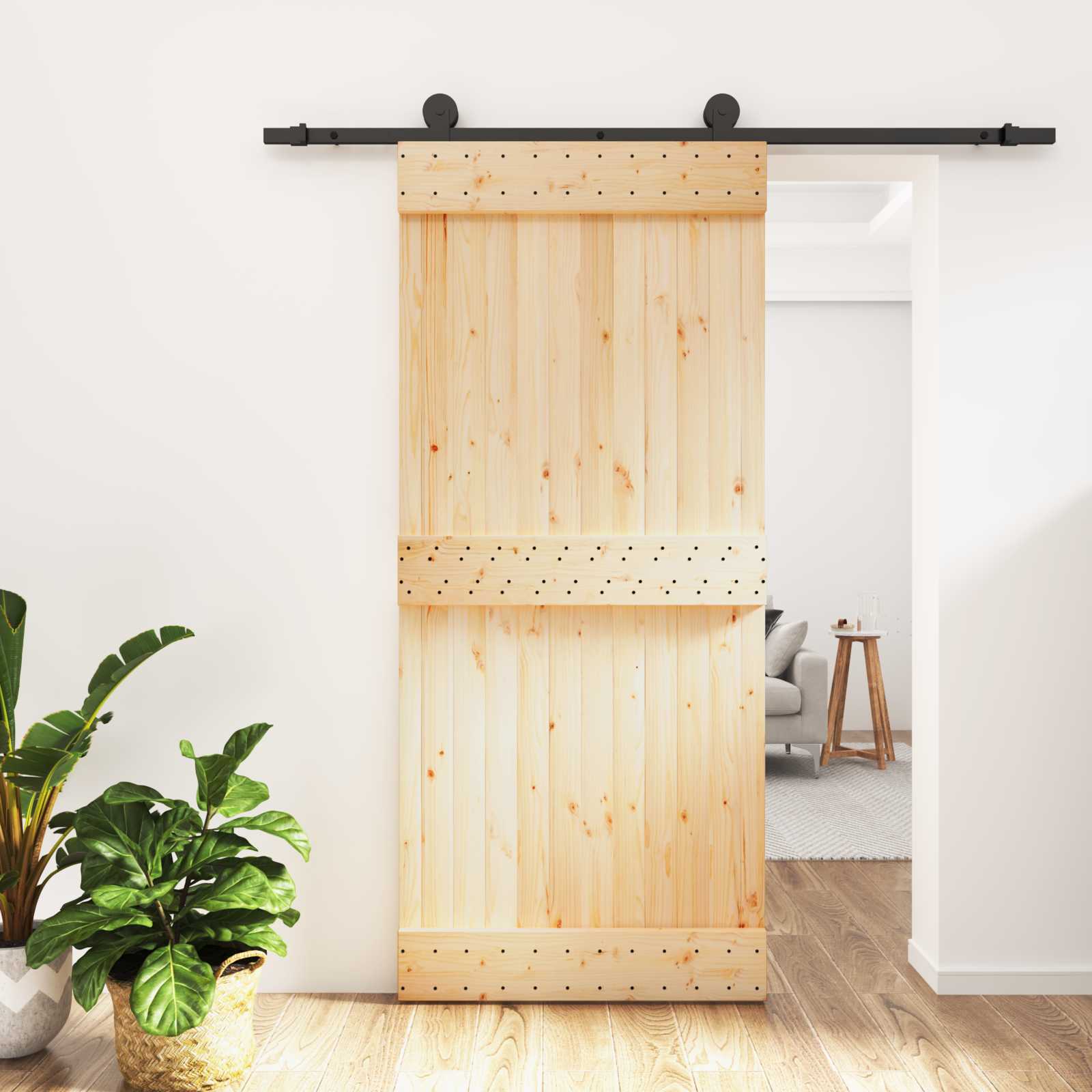 Klizna vrata Prirodna i crna 90 x 210 cm Čvrsta borovina