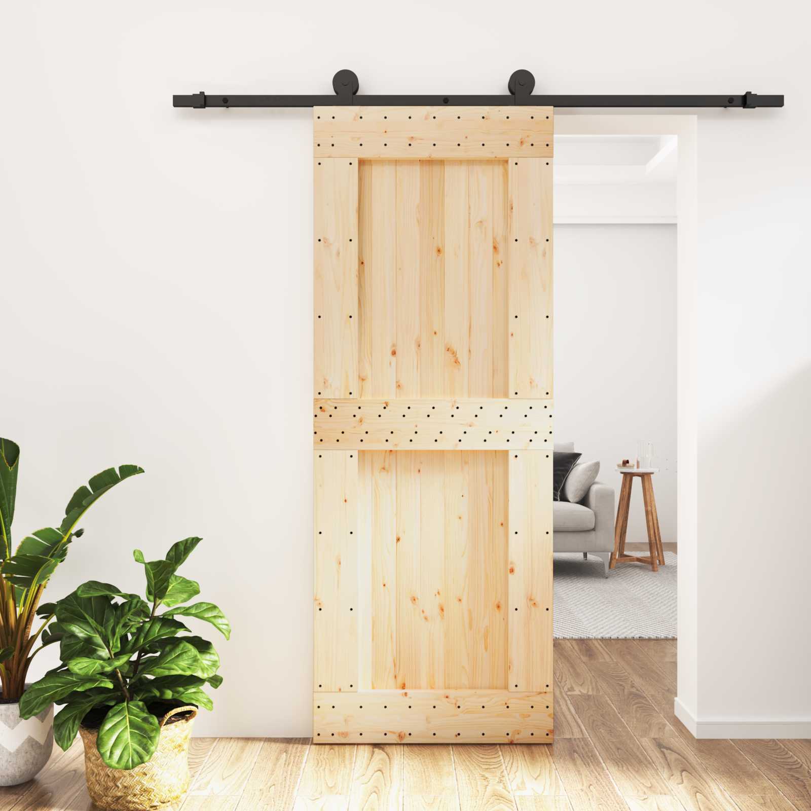 Klizna vrata Prirodna i crna 80 x 210 cm Čvrsta borovina