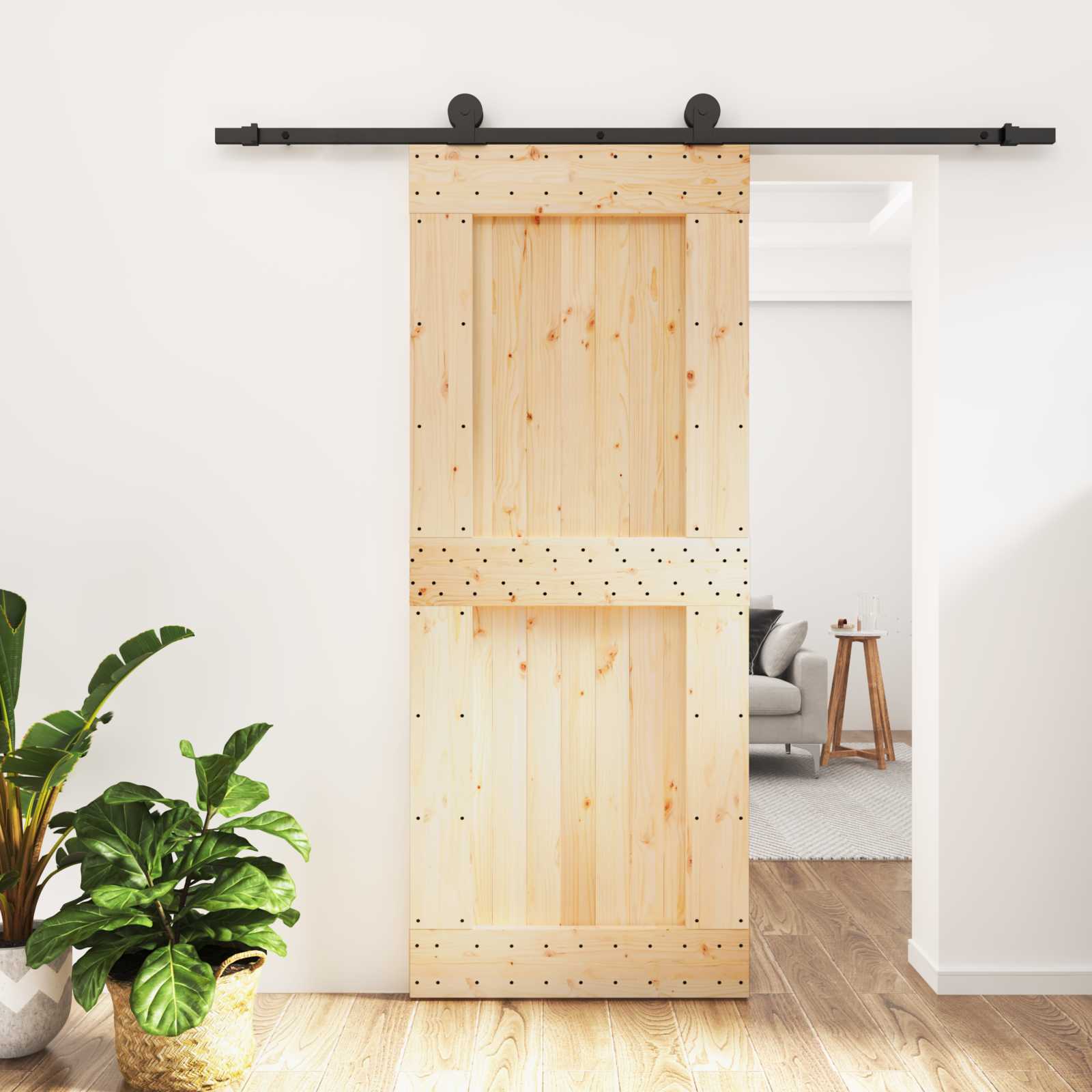 Klizna vrata Prirodna i crna 85 x 210 cm Čvrsta borovina