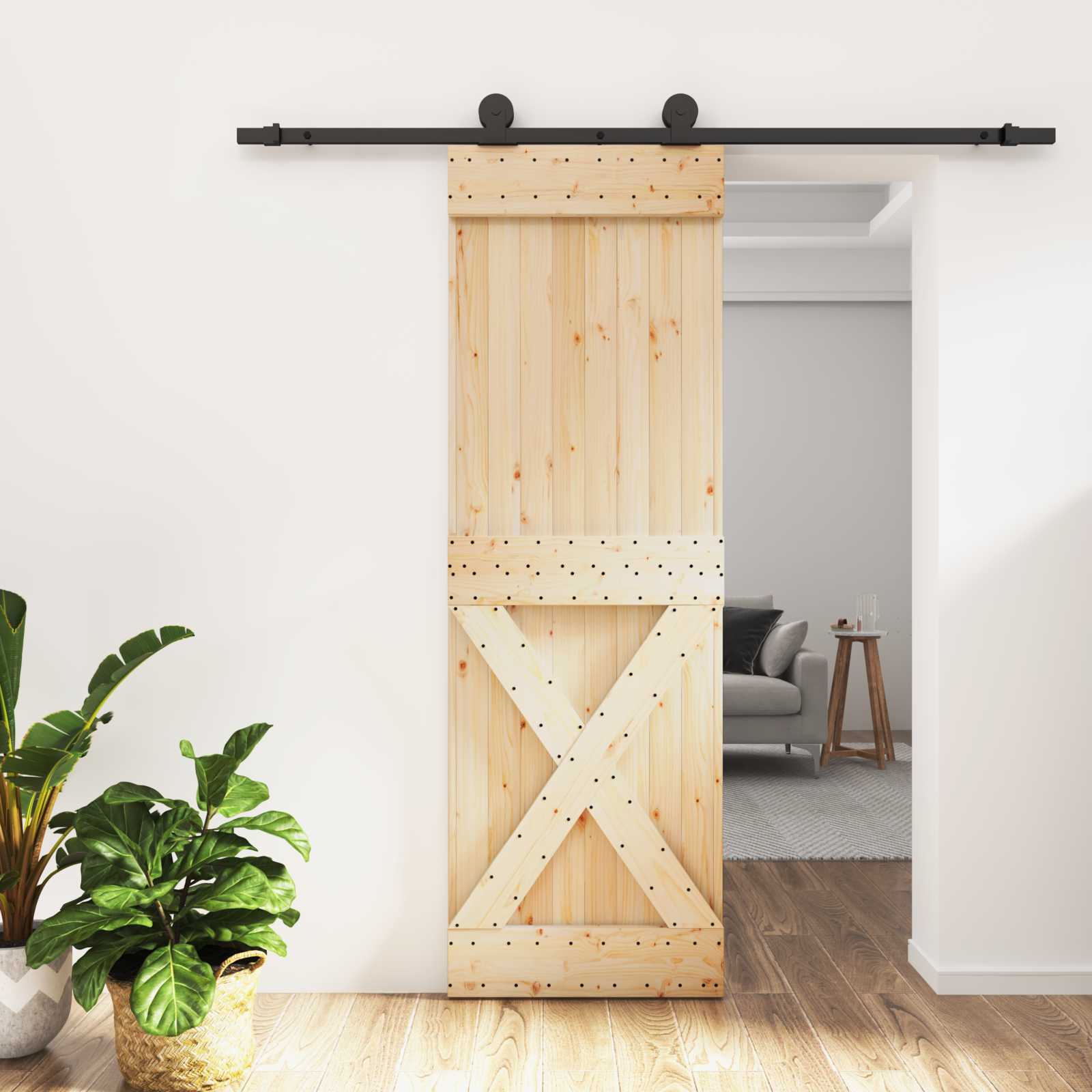 Klizna vrata Prirodna i crna 70 x 210 cm Čvrsta borovina