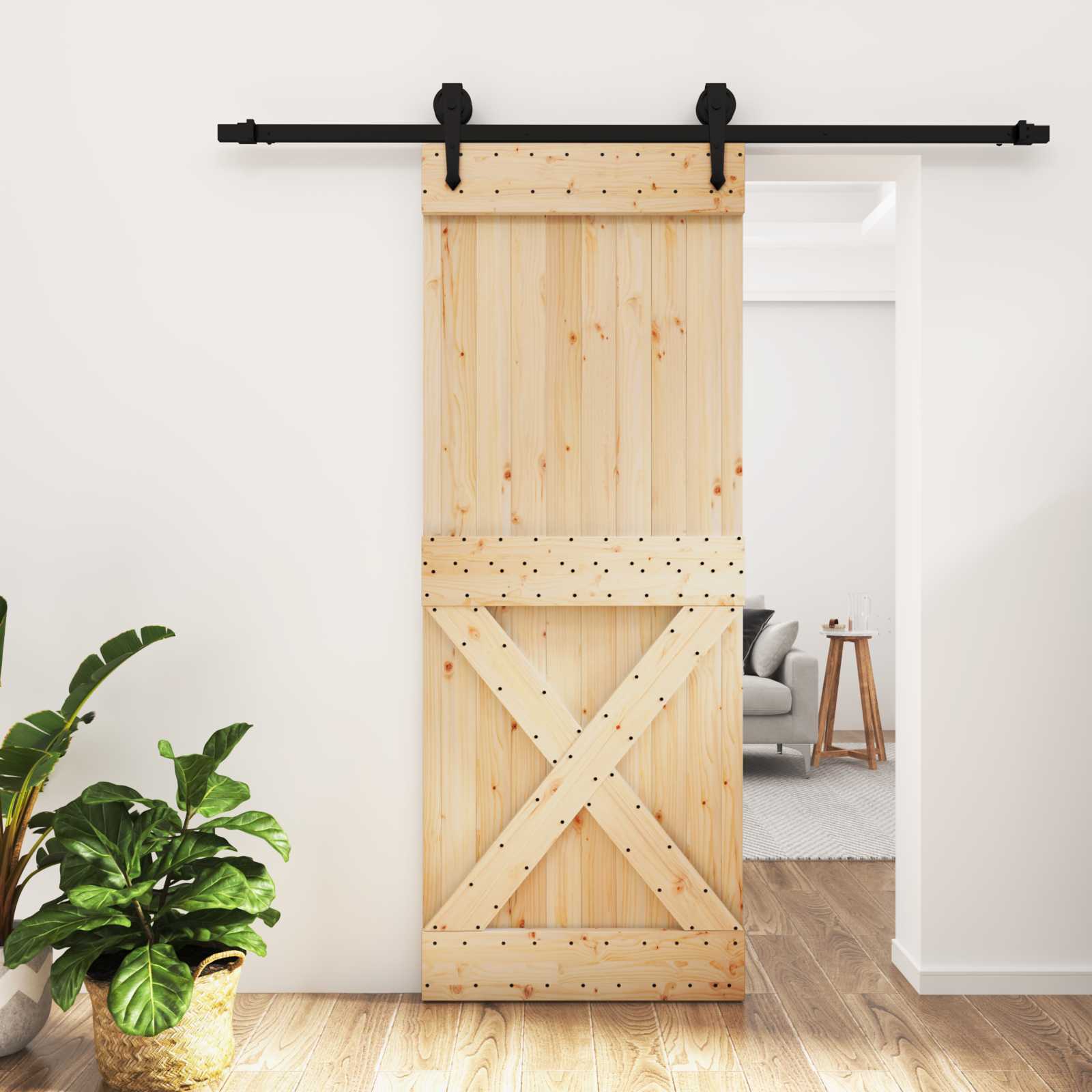 Klizna vrata Prirodna i crna 80 x 210 cm Čvrsta borovina