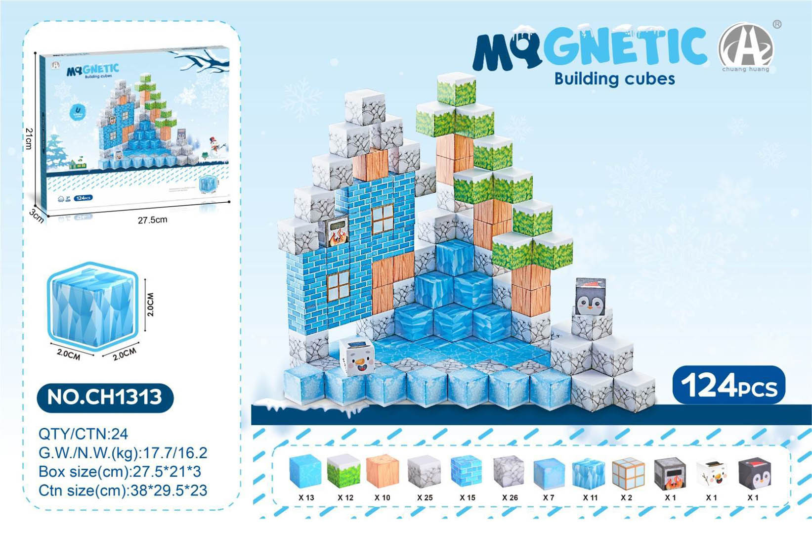 Magnetic Cubes Set, Magnetic bricks 124el.