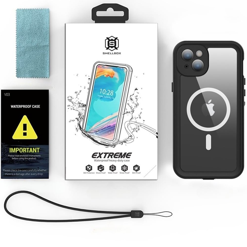 ShellBox – Vodotěsné pouzdro IP68 360° MagSafe pro iPhone 15 Plus – černé