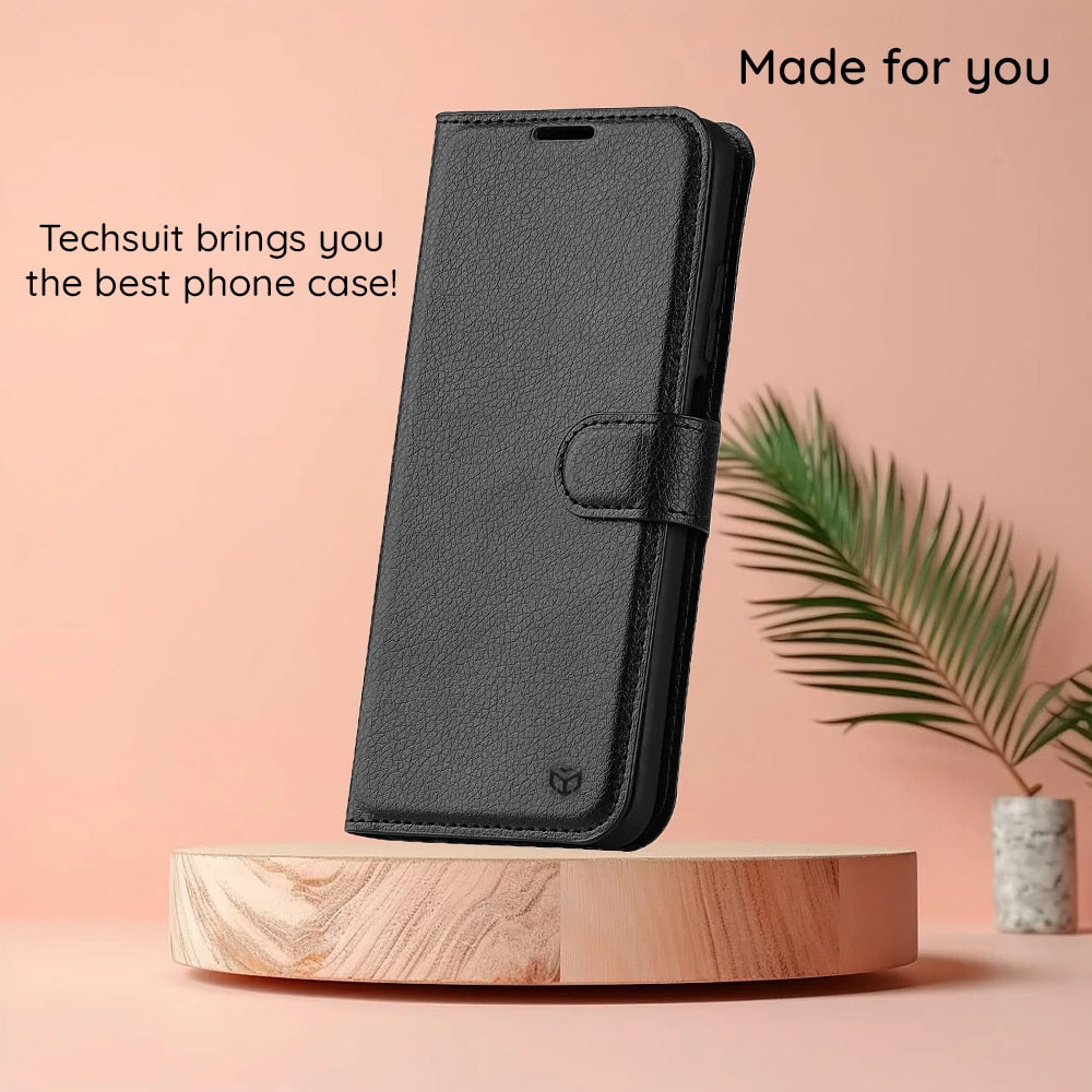 Techsuit - Usnjena preklopna denarnica maska za Honor 90 Lite - črna