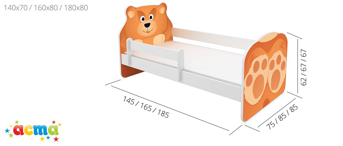 Dječji krevet ACMA Animals, bočna bijela 180x80 cm 02 Mačka
