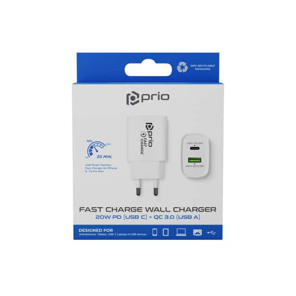 Prio Fast Charge zidni punjač 20W PD (USB C) + QC 3.0 (USB A) bijeli