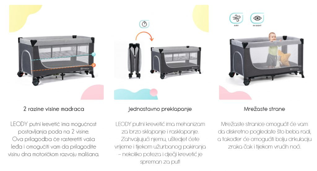 Kinderkraft Putni krevetić LEODY, siva