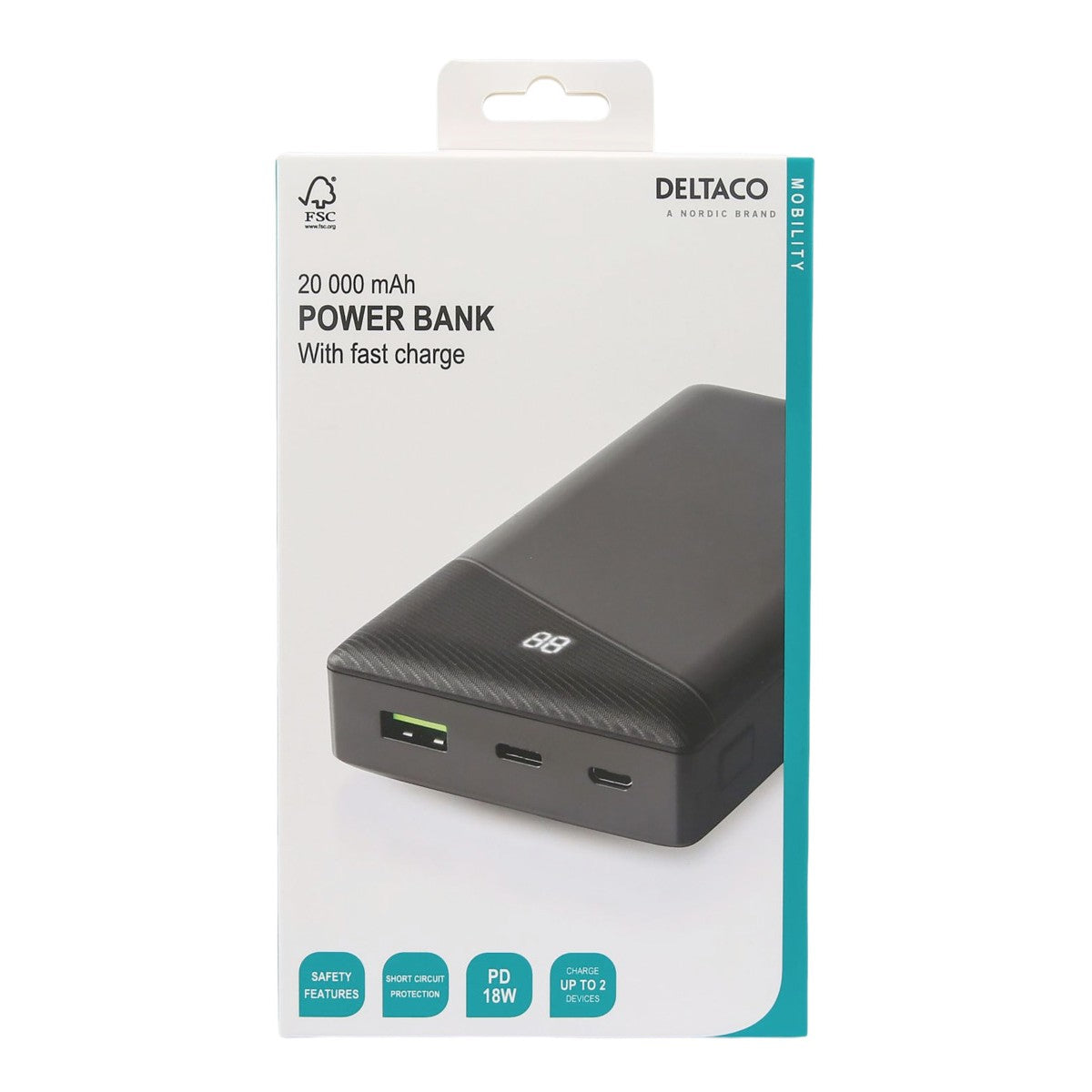 DELTACO power bank 20 000 mAh, 1x USB-C PD, 1x USB-A Brzo Punjenje