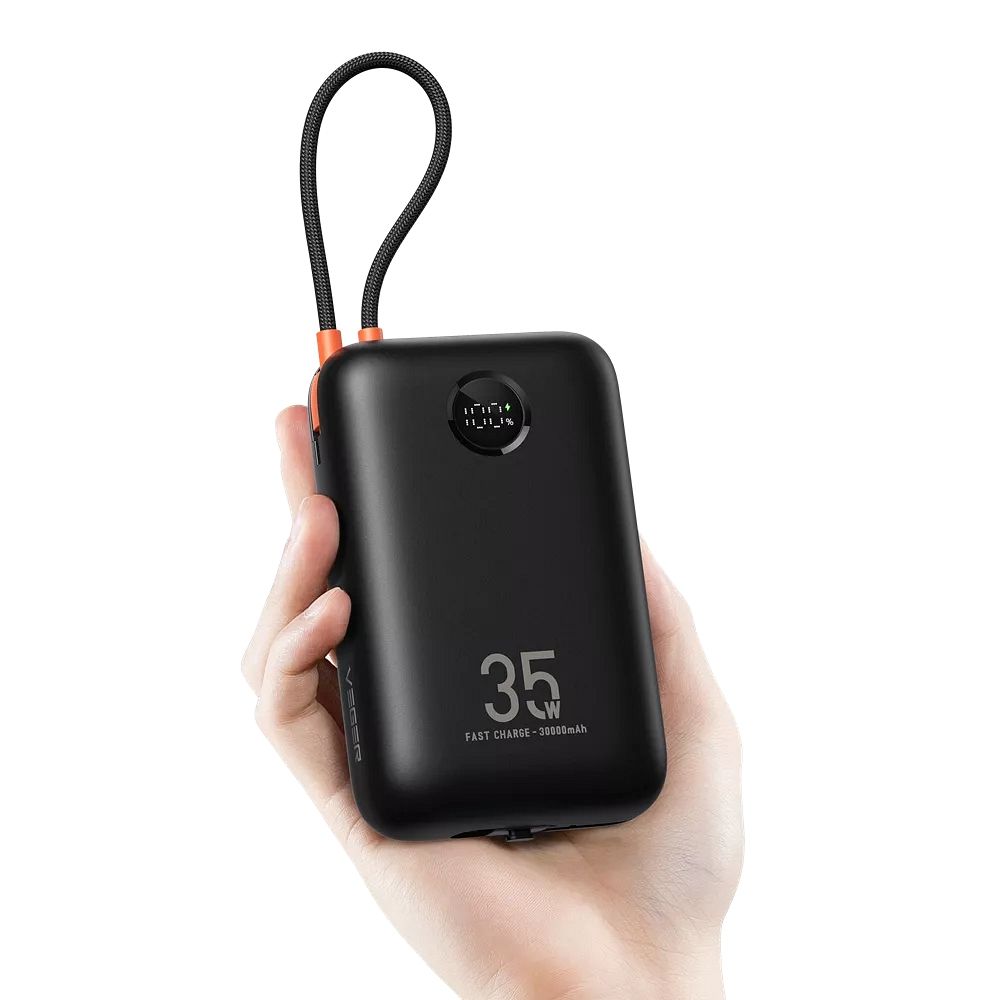 Powerbank Veger K3 PD QC3.0 35W 30000 mAh s ugrađenim Type-C / Lightning kabelima crne boje