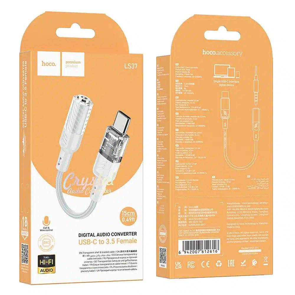 HOCO AUX adaptér Type - C na Jack 3.5 mm LS37 15 cm průhledně šedý