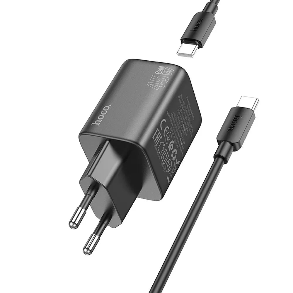 HOCO zidni punjač 2 x Type-C + kabel Type-C do Type-C PD QC 45W GaN N42 crni