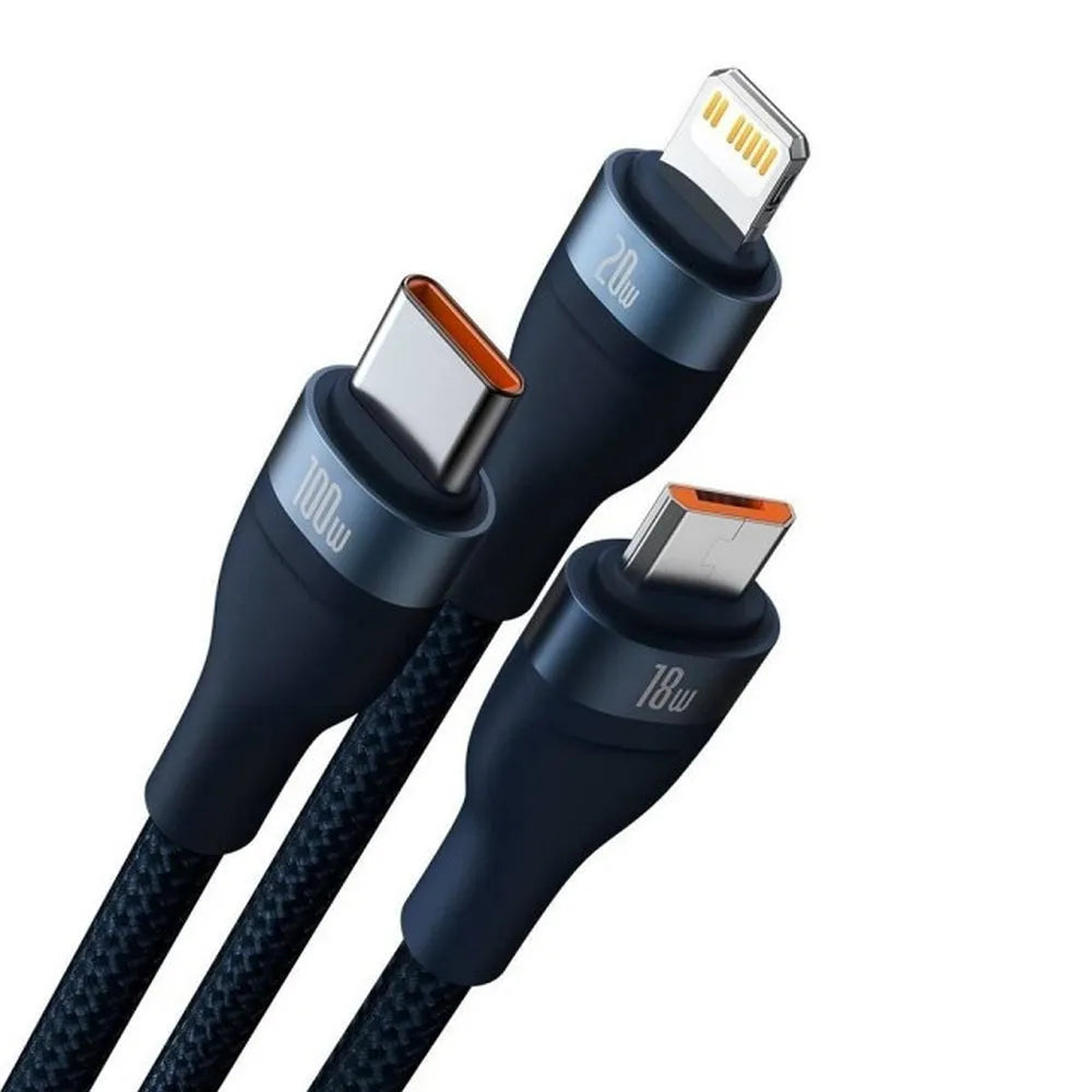 BASEUS USB kabel 3v1 Flash Series II USB A na Micro + Lightning 8-pin + Type C 100W 1.2m modri