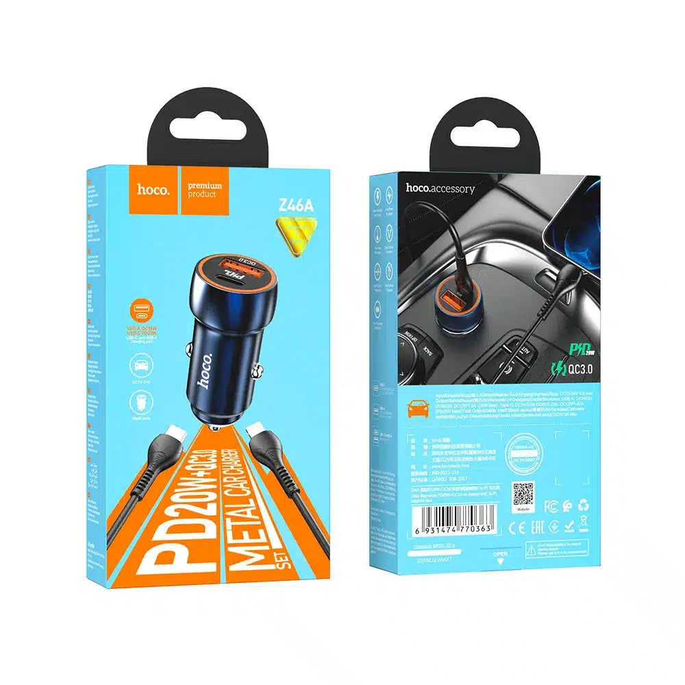 Nabíječka do auta HOCO Type C + USB QC3.0 Power Delivery 20W s kabelem pro iPhone Lightning 8-pin Z46A safírově modrá