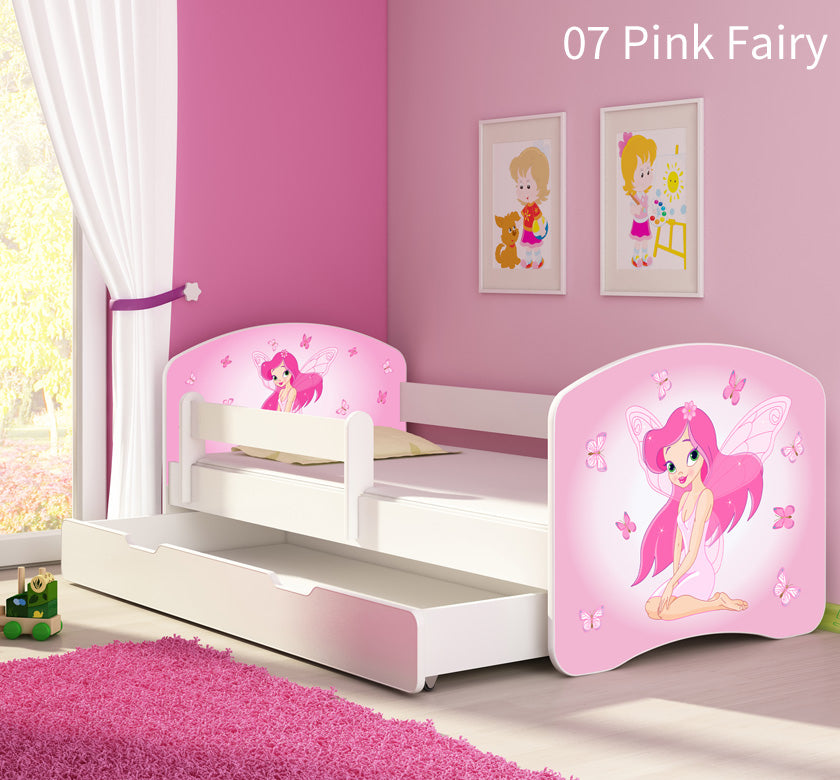Dječji krevet ACMA s motivom, bočna bijela + ladica 180x80 cm 07 Pink Fairy