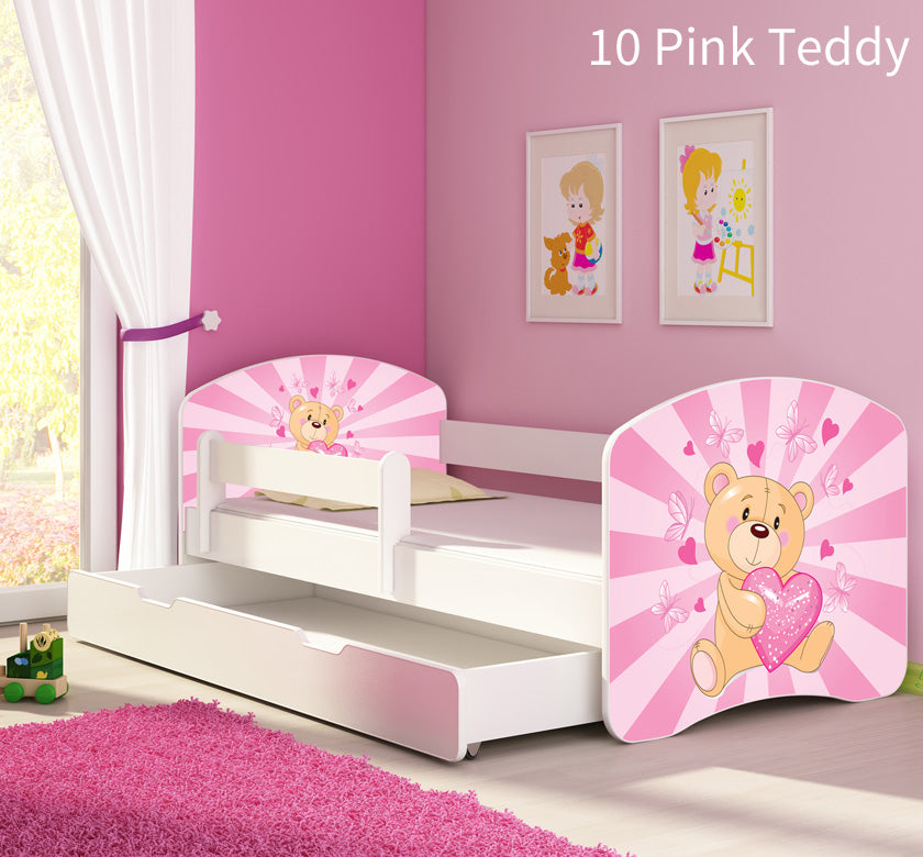 Dječji krevet ACMA s motivom, bočna bijela + ladica 160x80 cm 10 Pink Teddy Bear