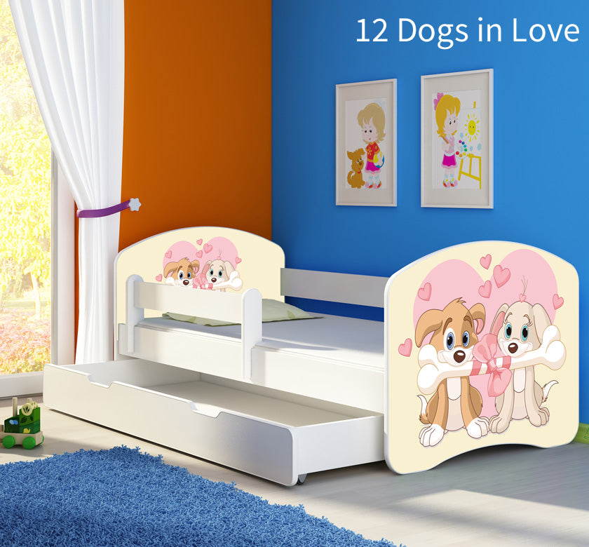 Dječji krevet ACMA s motivom, bočna bijela + ladica 160x80 cm 12 Dogs in Love