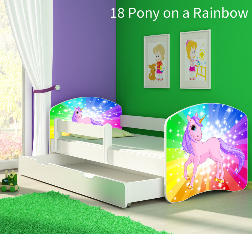 Dječji krevet ACMA s motivom, bočna bijela + ladica 140x70 cm 18 Pony on a rainbow