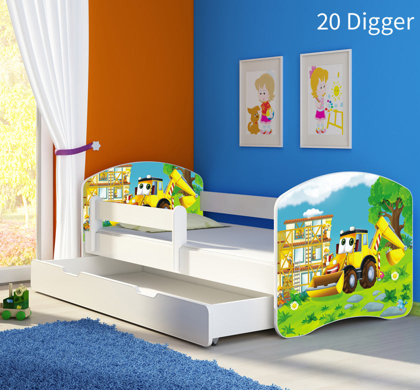 Dječji krevet ACMA s motivom, bočna bijela + ladica 160x80 cm 20 Digger