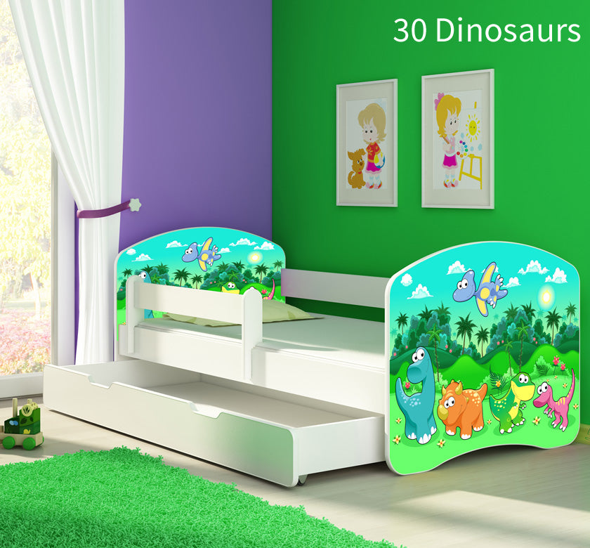 Dječji krevet ACMA s motivom, bočna bijela + ladica 140x70 cm 30 Dinosaurs