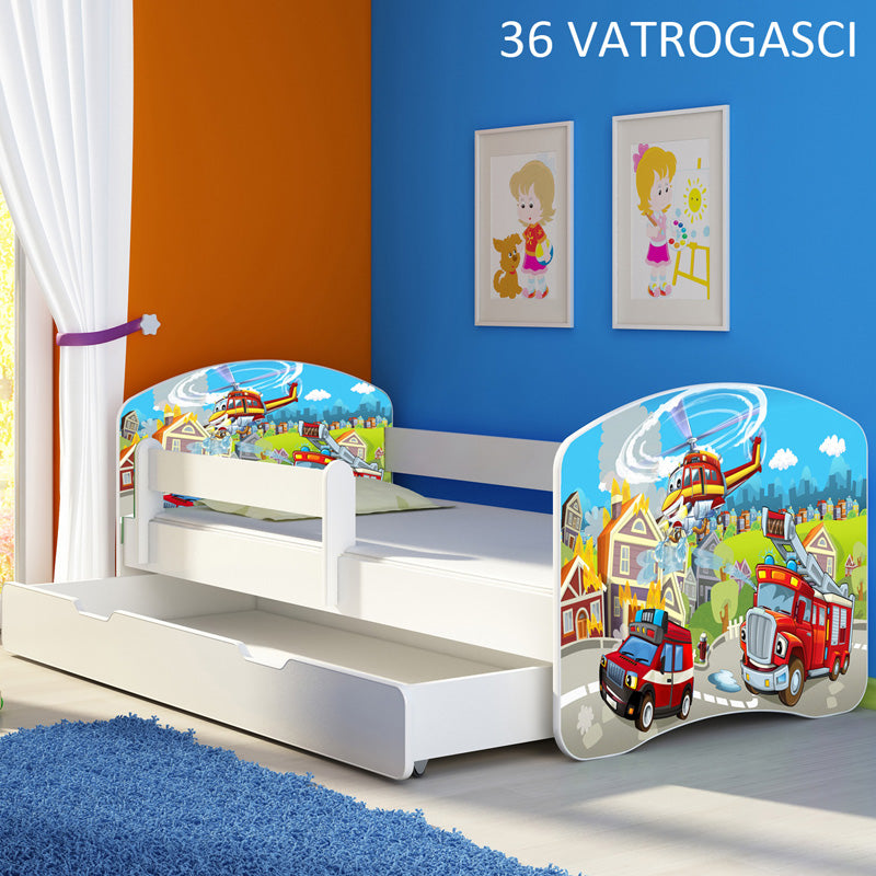 Dječji krevet ACMA s motivom, bočna bijela + ladica 160x80 cm 36 Vatrogasci