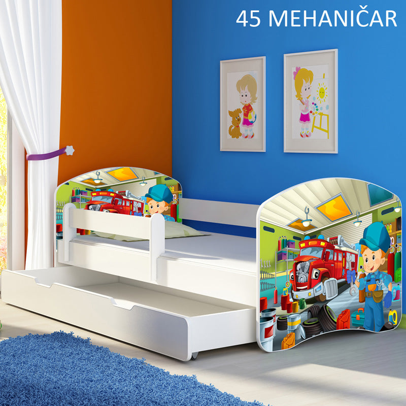 Dječji krevet ACMA s motivom, bočna bijela + ladica 140x70 cm 45 Mehaničar