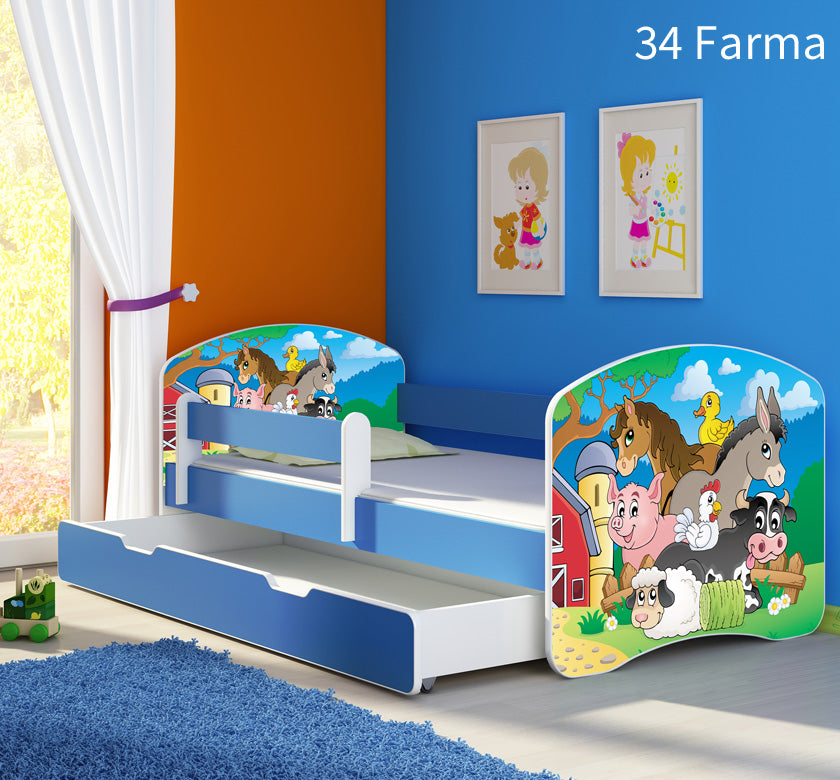 Dječji krevet ACMA s motivom, bočna plava + ladica 180x80 cm 34 Farm