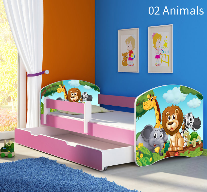 Dječji krevet ACMA s motivom, bočna roza + ladica 180x80 cm 02 Animals