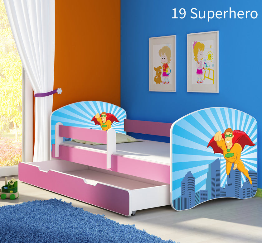 Dječji krevet ACMA s motivom, bočna roza + ladica 160x80 cm 19 Superhero