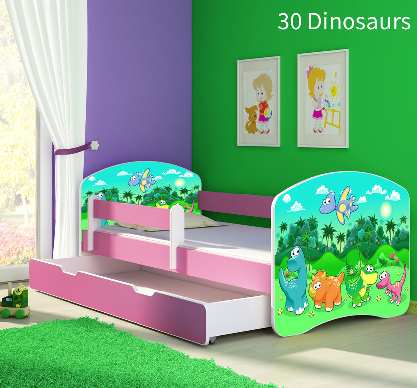 Dječji krevet ACMA s motivom, bočna roza + ladica 160x80 cm 30 Dinosaurs