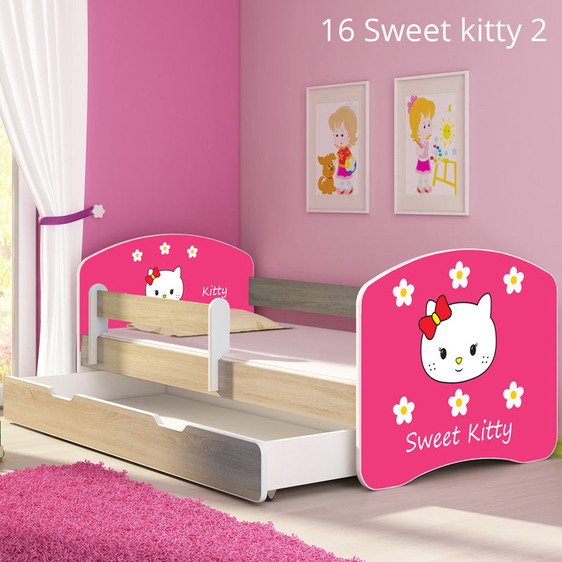 Dječji krevet ACMA s motivom, bočna sonoma + ladica 140x70 cm 16 Sweet Kitty 2