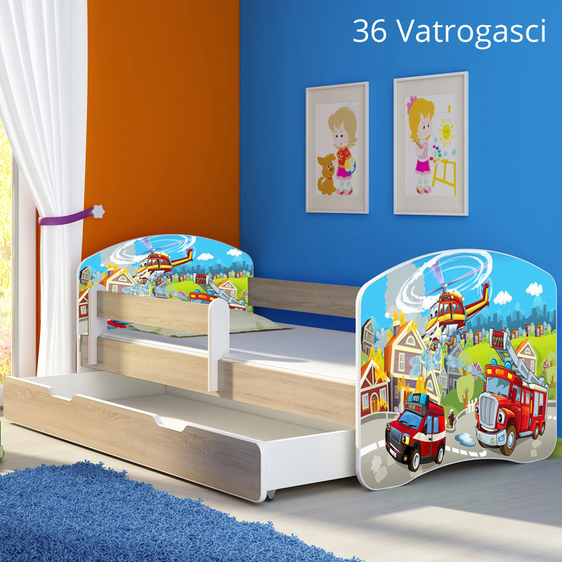 Dječji krevet ACMA s motivom, bočna sonoma + ladica 140x70 cm 36 Vatrogasci